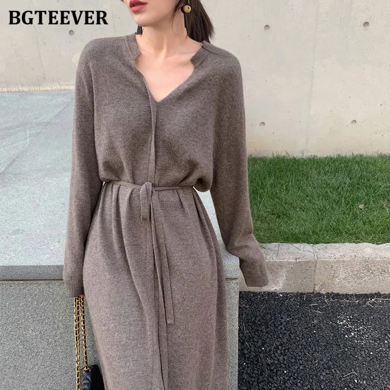BGTEEVER Vintage Women Knitted Dress Autumn Winter Brief V-neck Warm Drawstring Lace-up Loose Midi Female Sweater Dress 2020
