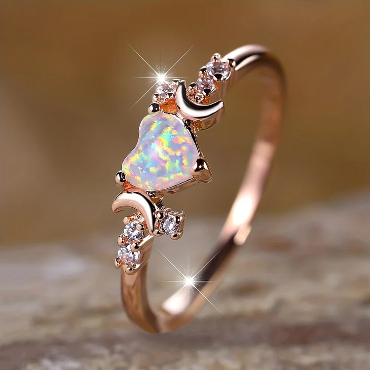 Olivenorma "Light Of Our Love" Heart Opal Moon Phases Ring