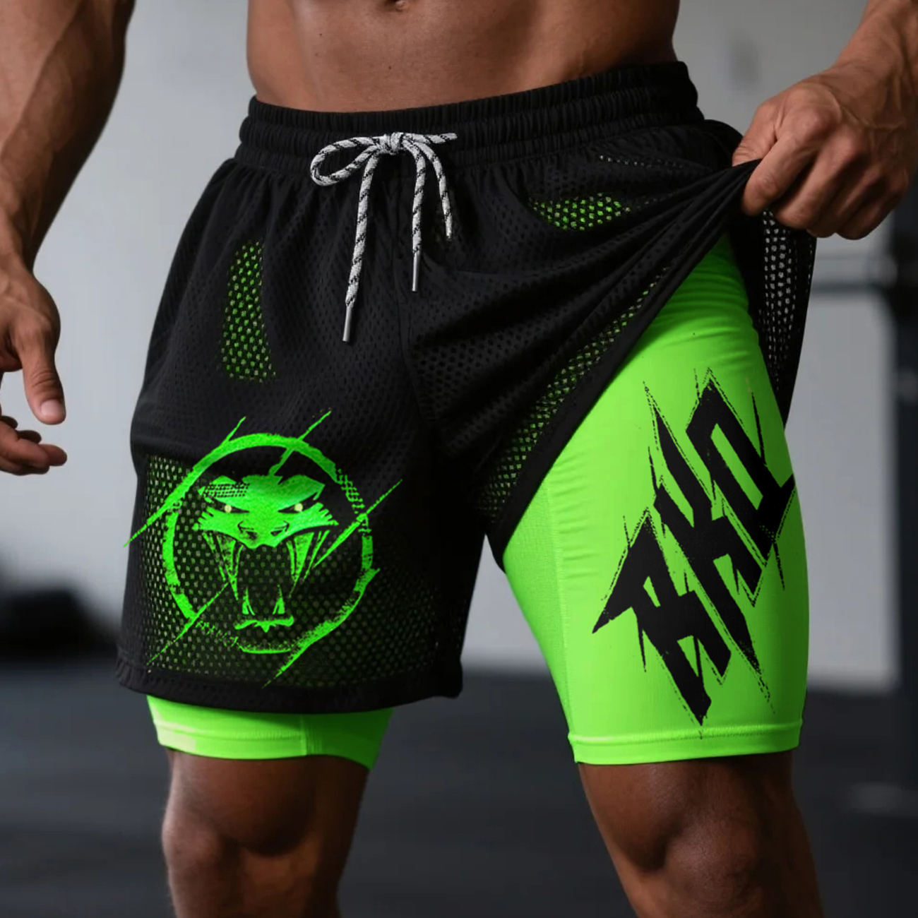 Fitness Double Mesh Shorts Daily Basic Shorts Wrestling Fighting Print Double Layer Shorts / TECHWEAR CLUB / Techwear