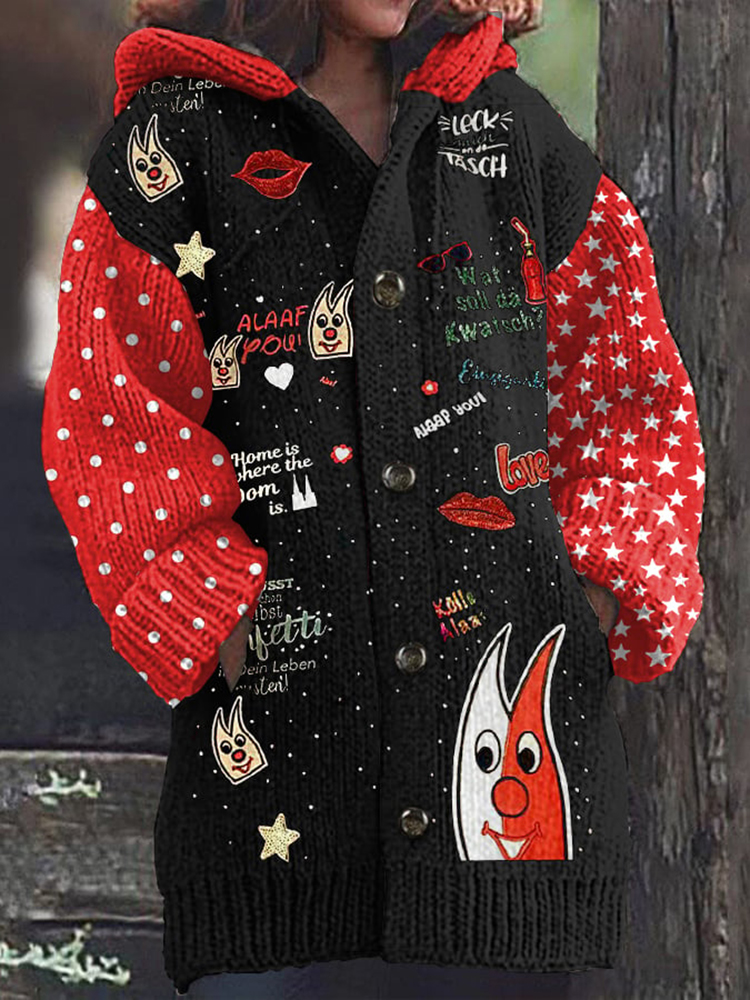 Comstylish Kolner Karneval Graffiti Casual Hooded Knitted Sweater Cardigan