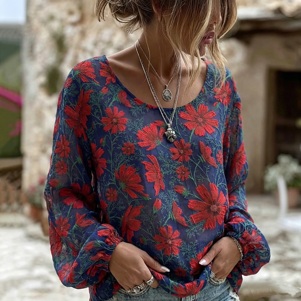 Comstylish Women's Retro Bohemian Floral Print Long Sleeve Linen Blend T-shirt