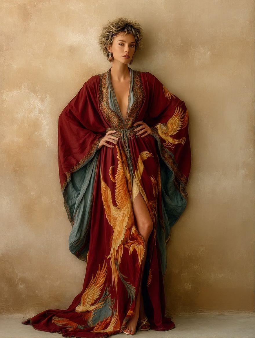 Women's Vintage Printed Court Robe(Including a red belt)