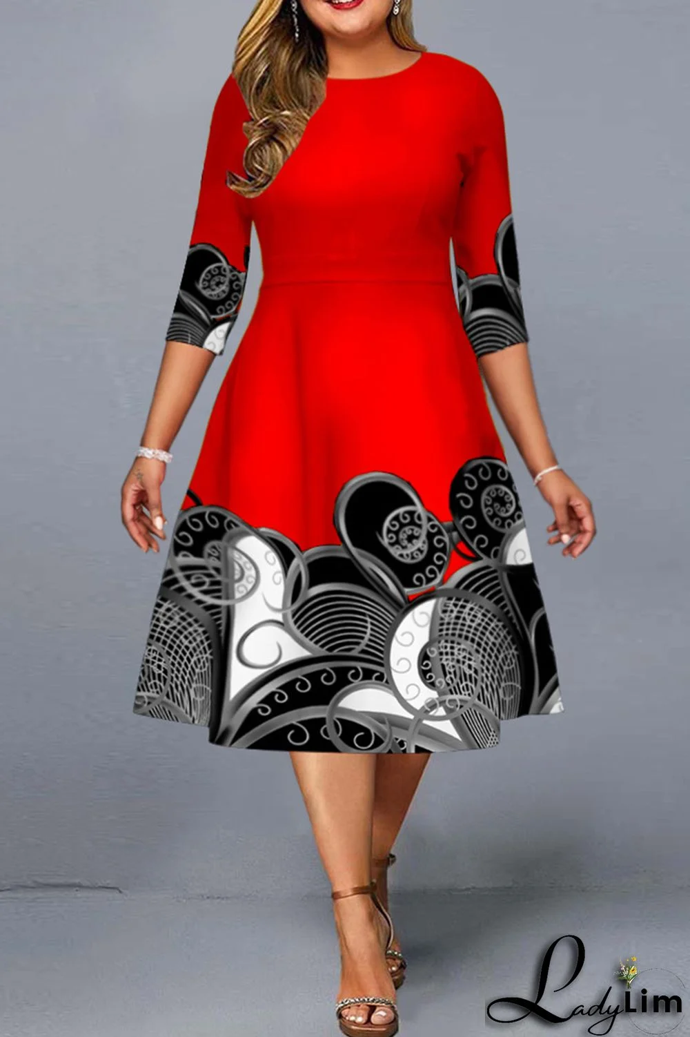 Red Fashion Casual Print Basic O Neck Plus Size Dresses