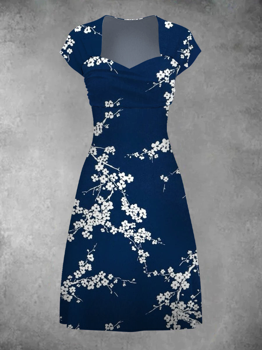 Vintage Floral Art Print Elegant Chic Short Sleeve Mini Dress