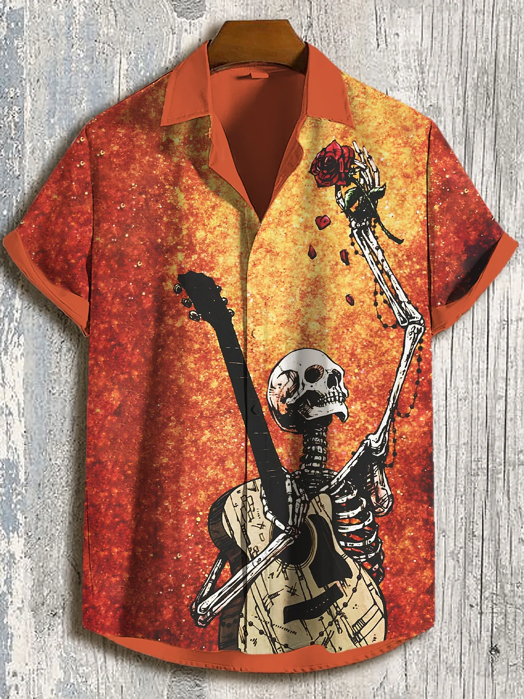 Men's Skull Rose Guitar Print Short Sleeve Shirt
