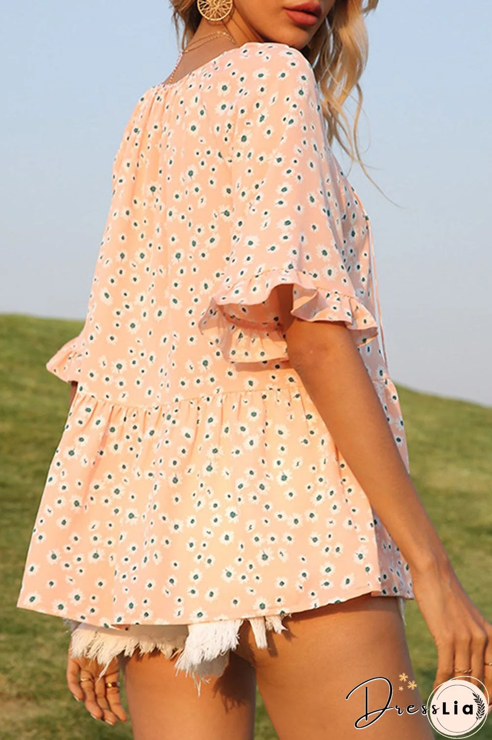 Fashion Sweet Print Split Joint V Neck Tops