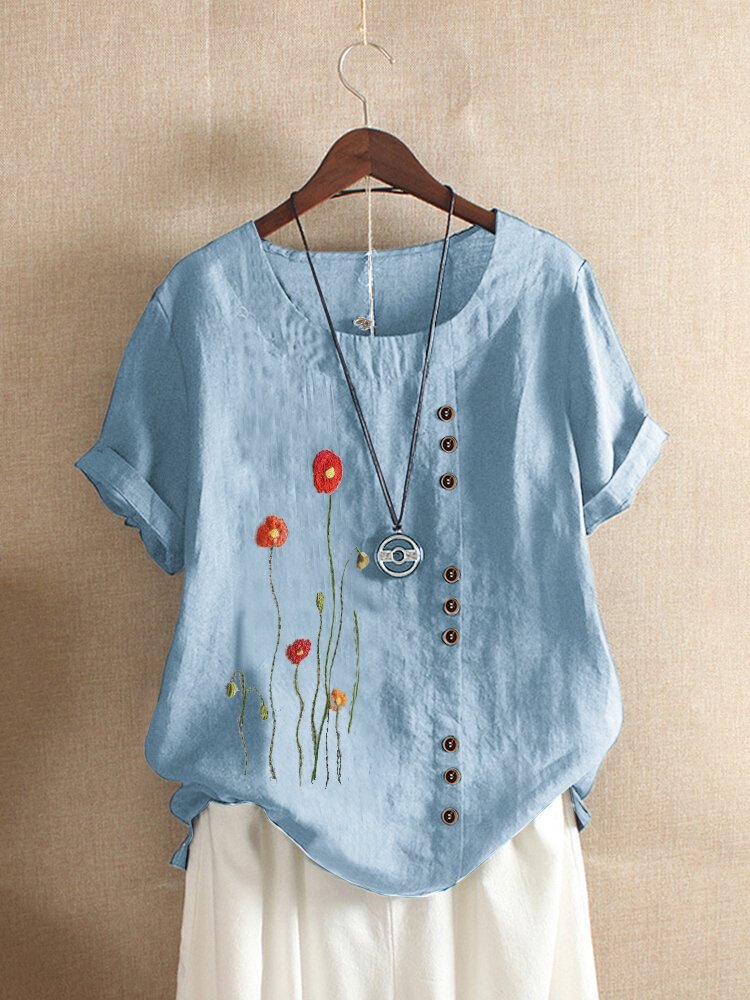 Button Flower Embroidery Short Sleeve T shirt For Women P1661819