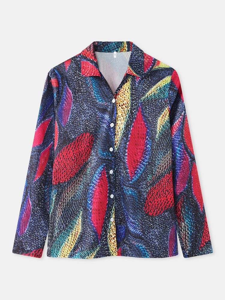 Colorful Leaves Print Button Long Sleeve Casual Blouse for Women P1797151