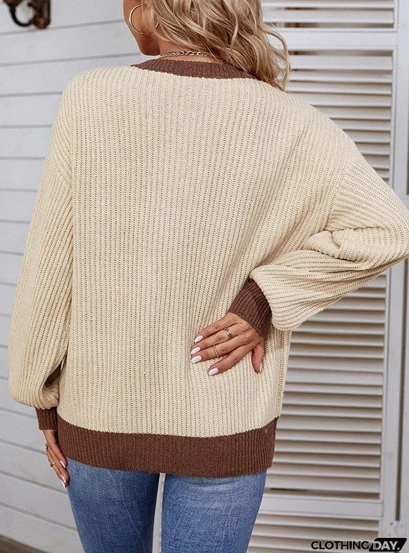 COLOR BUTTON CREW NECK PULLOVER LANTERN SLEEVE SWEATER