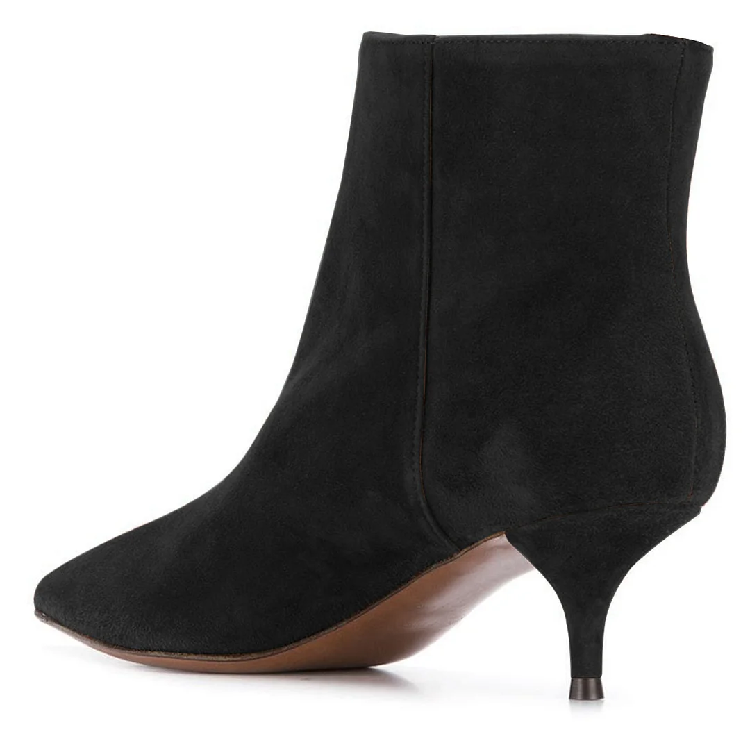 Black Vegan Suede Pointed Toe Boots Kitten Heel Booties for Women