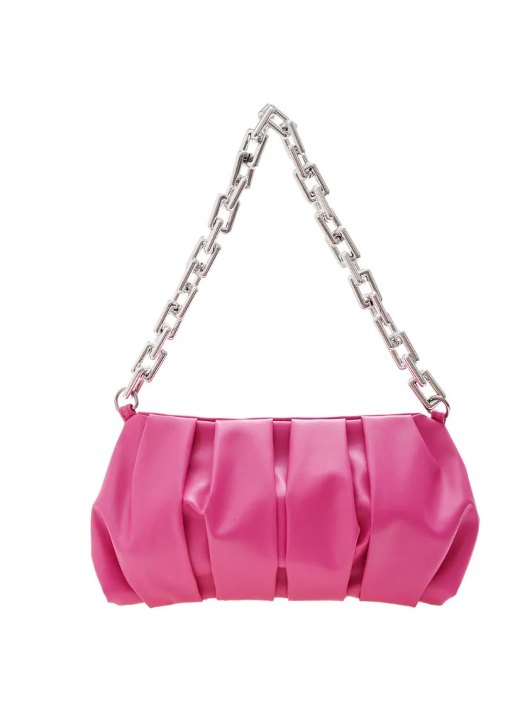 Retro Women PU Pleated Underarm Bag Small Thick Chain Handbag (Rose Red)
