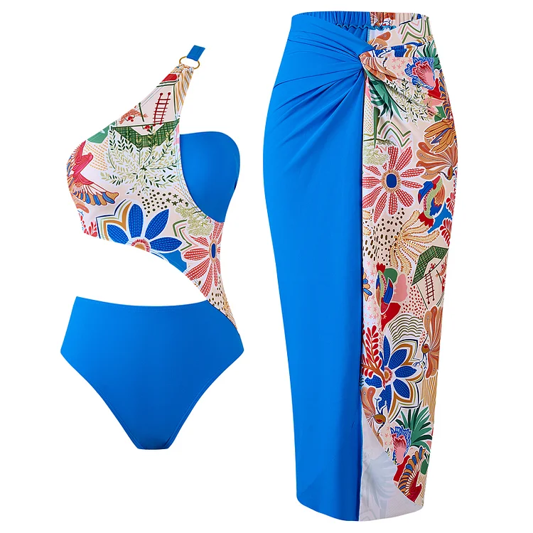 2025 in Stock European and American Sexy One Piece Swimsuit Color Matching Printed Two-Piece Suit Polyester Skirt Hot Sale Swimsuit Outfit