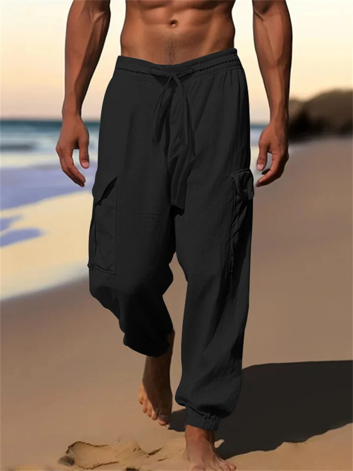 Men's Summer and Autumn Cotton and Linen Casual Tie Rope Solid Color Loose Large Size Work Pants-JRSEE