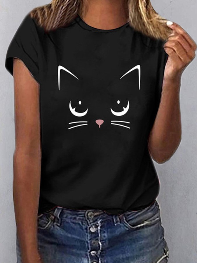 Women's Cat Print Crew Neck Short Sleeve T-Shirt