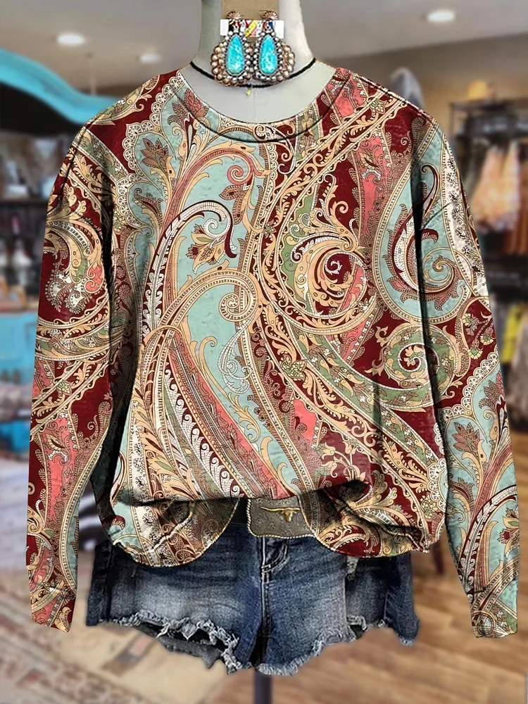 Burgundy Bohemian Print Casual Crewneck Sweatshirt
