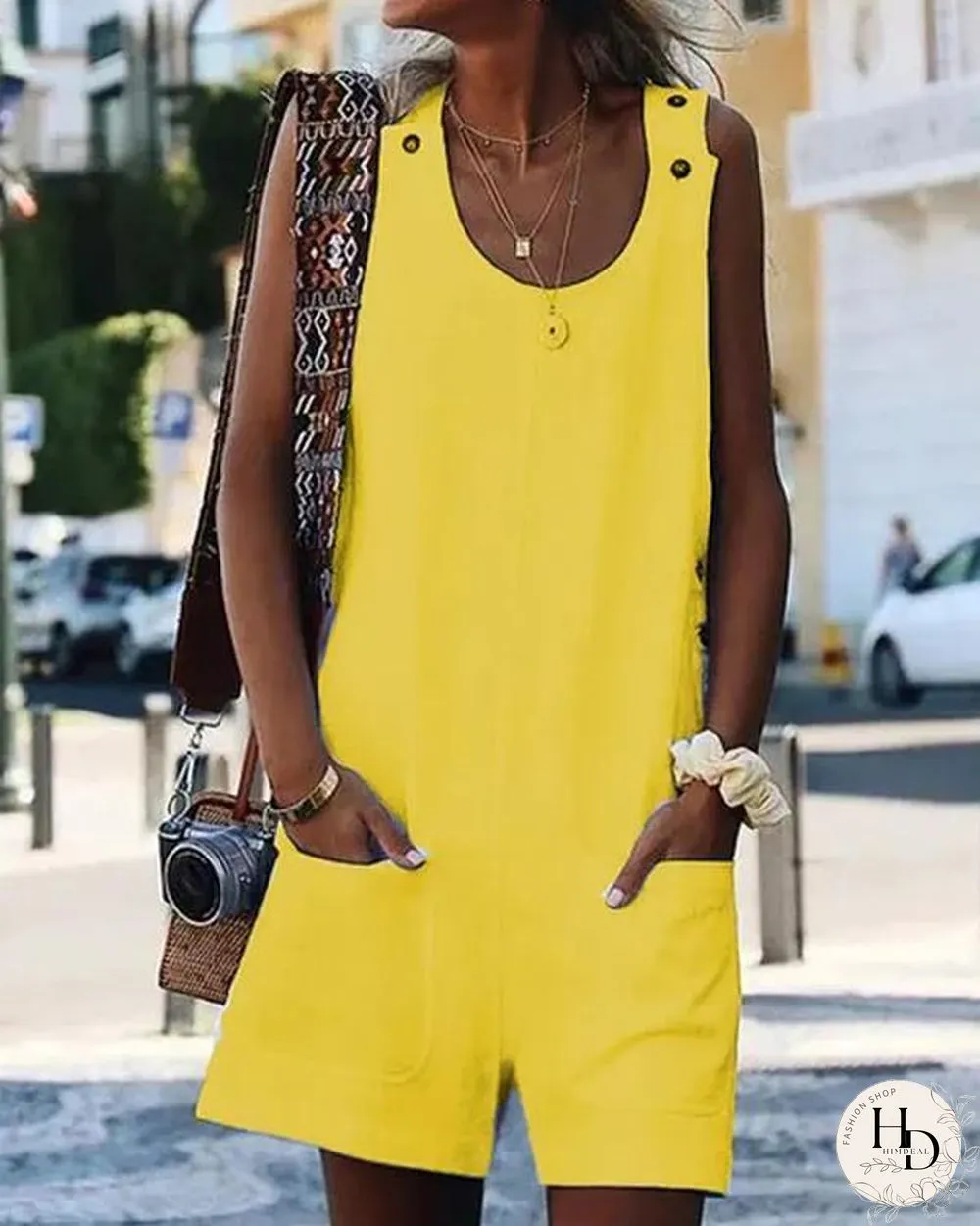 Button Strap Cotton Linen Romper