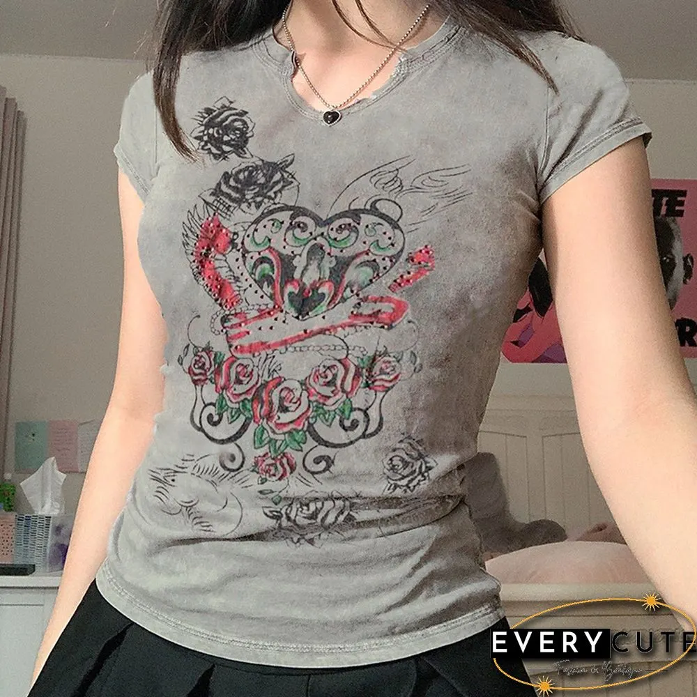 Contrasting Rose Element Sexy Small V-Neck T-Shirt