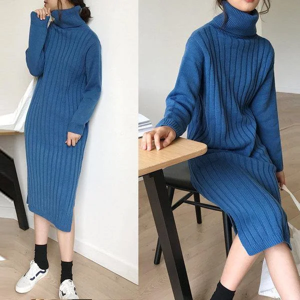 Winter wholesale casual solid color oversized ribbed knitted dress