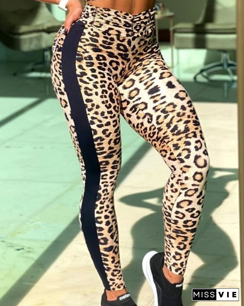 Color Block Splicing Leopard Skinny Sport Yoga Pants