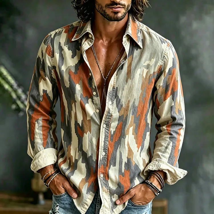 Men's Retro Abstract Art Print Linen Blend Casual Long-sleeve Shirt