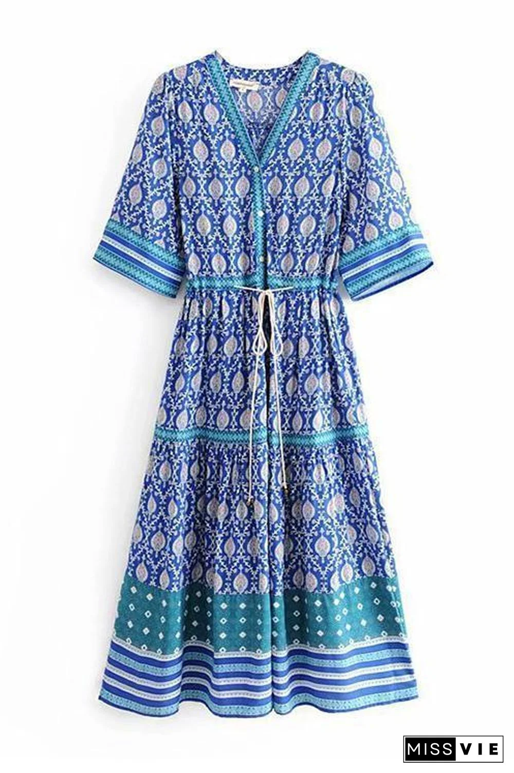 Print V Neck Short Sleeve Maxi Dress