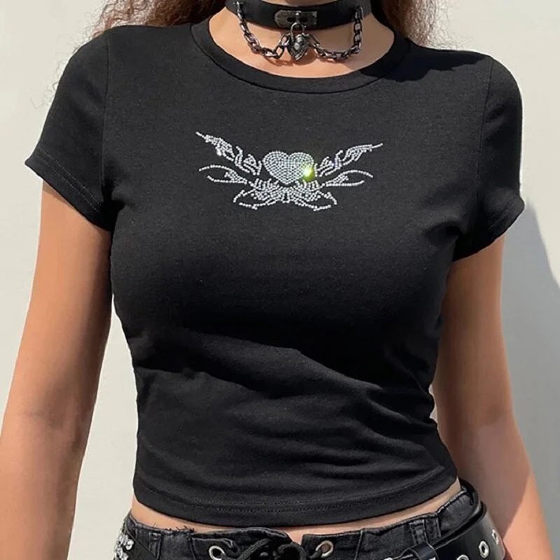 Grunge Punk Aesthetics T-shirt Y2K Woman Clothes Streetwear Gothic Crop Tops Rhinestones Heart Print Black Top Women Oversized