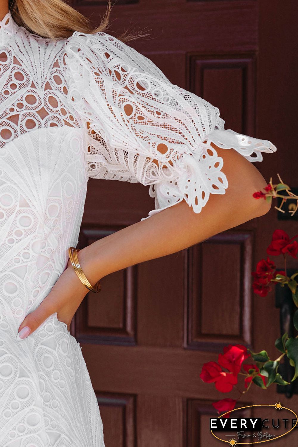 White Puff Sleeve Crochet Lace Mini Dress