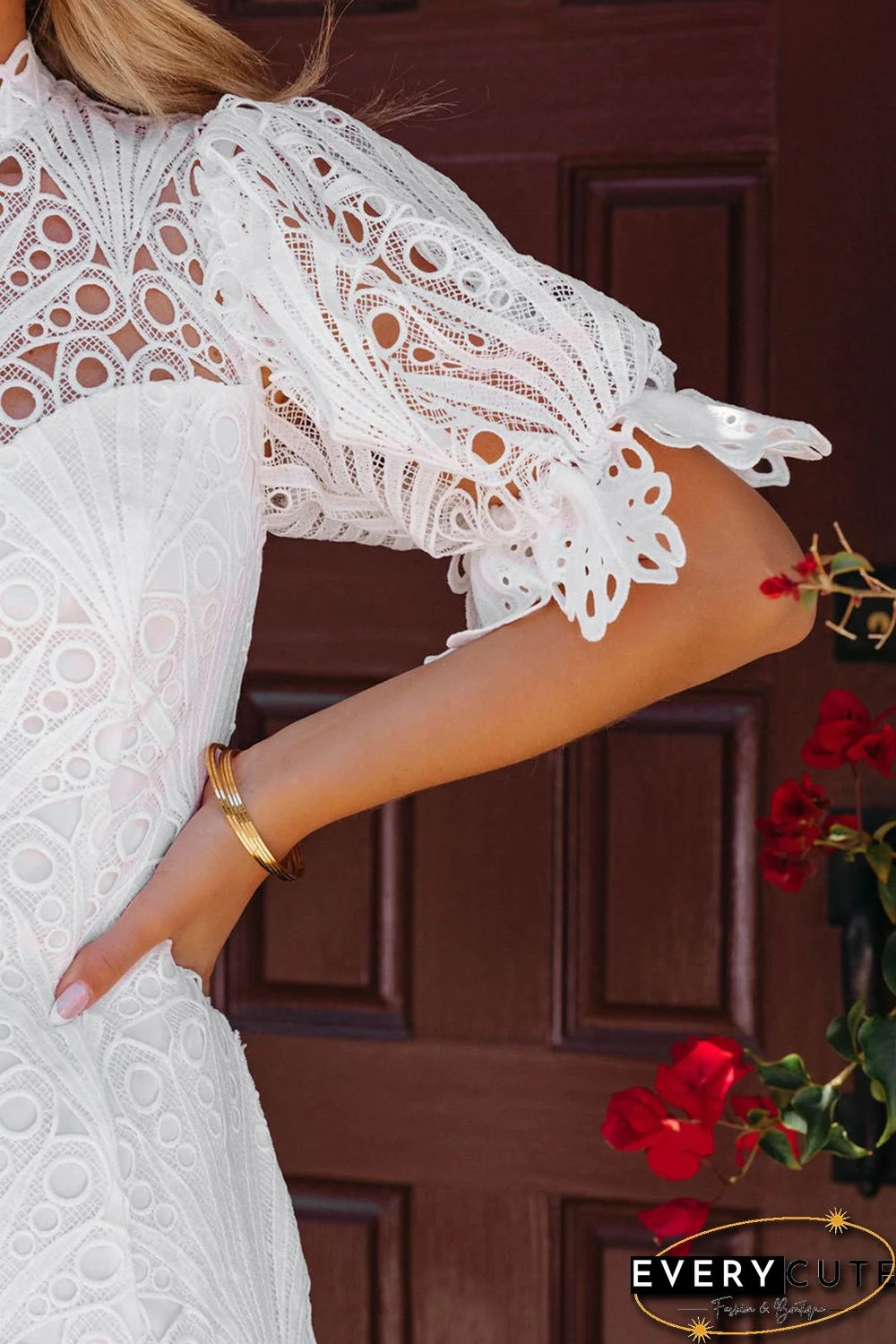 White Puff Sleeve Crochet Lace Mini Dress