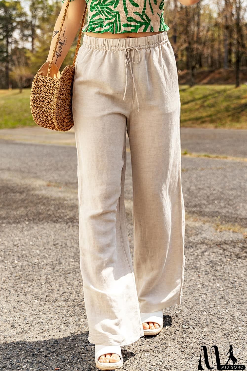 MidiSono - Drawstring Waist Straight Leg Pants