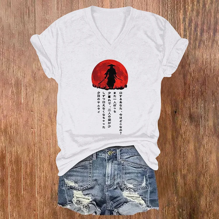 Comstylish Japanese Samurai Print Casual V-Neck T-Shirt