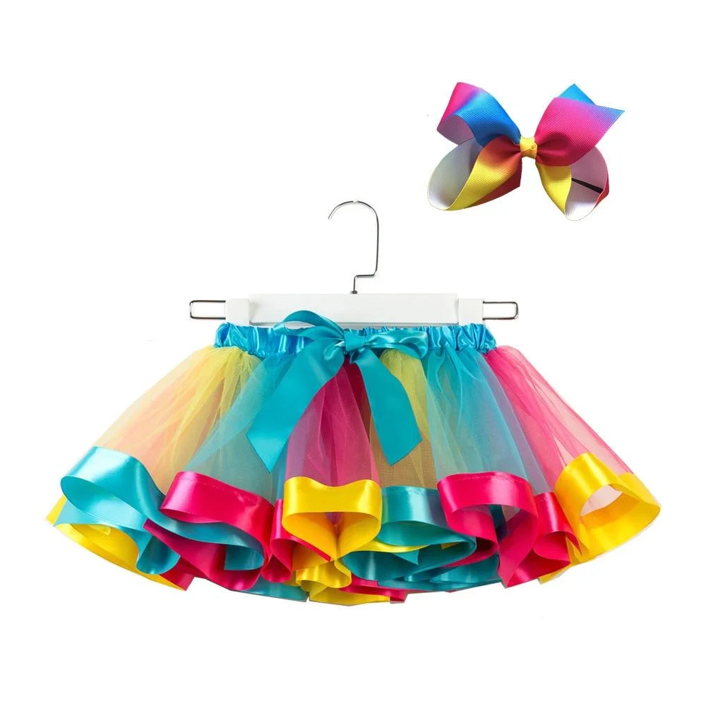 Free Bow+Tutu Skirt  Baby Girls 12M-8T Princess Pettiskirt Rainbow Kids Party Tutu For Girls Christmas Skirt Children Clothing