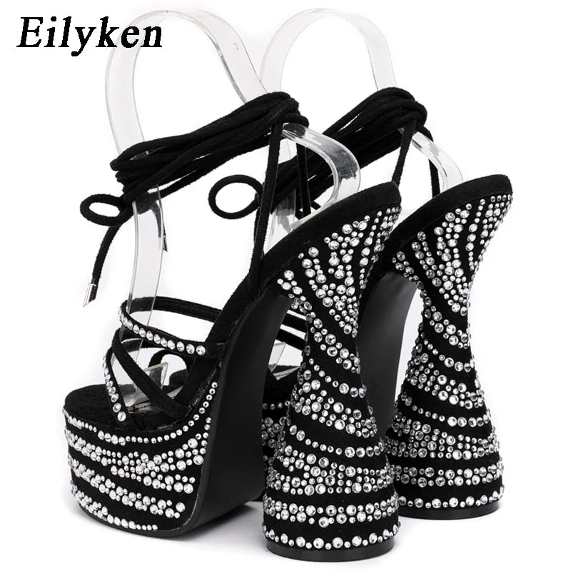 Eilyken 2022 New CRYSTAL Chunky Heels Sandals Fashion Peep Toe Ankle Cross Lace-up Platform Women Stripper shoes