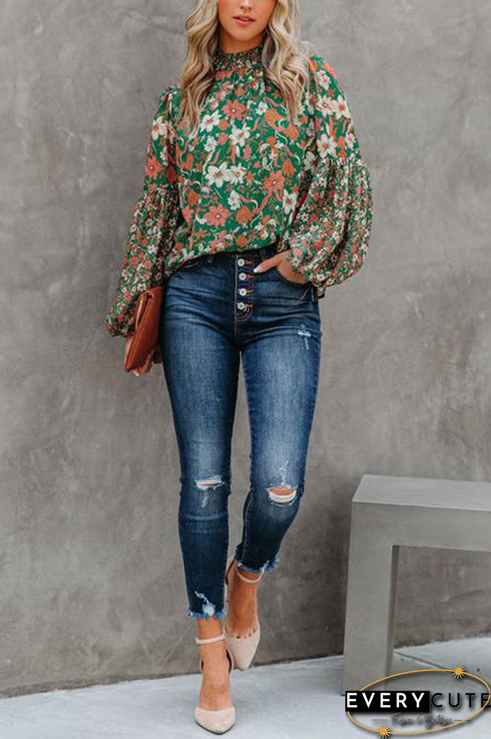 Floral Balloon Sleeve Blouse