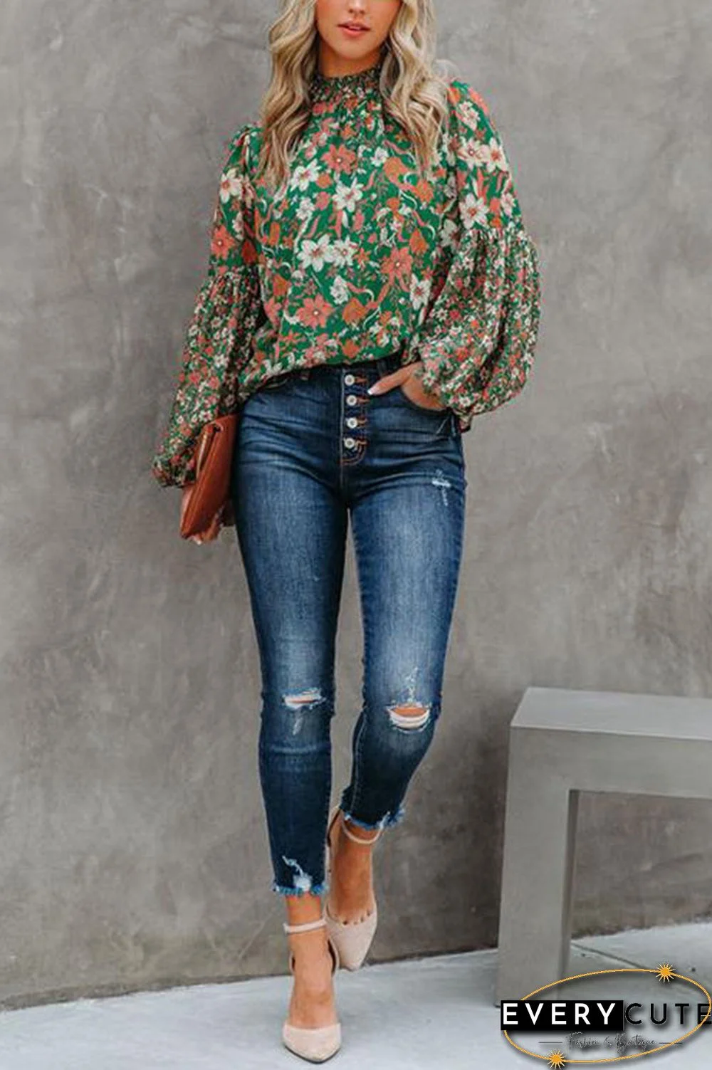 Floral Balloon Sleeve Blouse