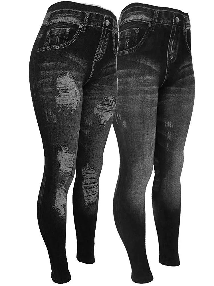 Women's Denim Print Fake Jeans Seamless Fleece Lined Leggings, Full Length