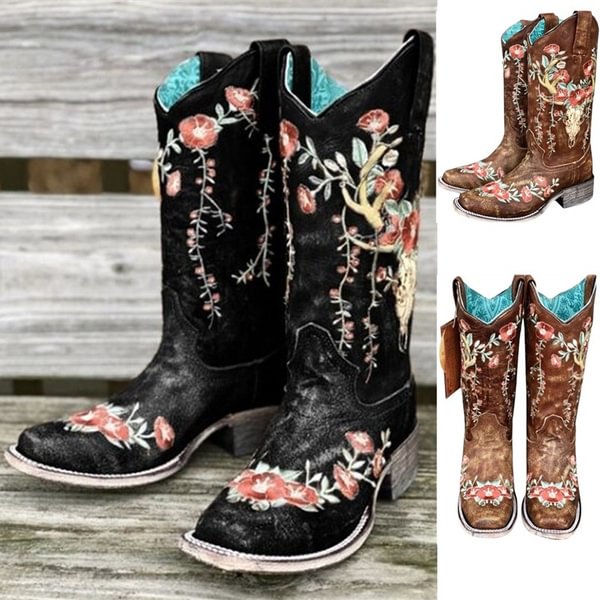 Fashion Women's Deer Skull & Embroidered Western Boots Low Heel Square Toe Cowgirl Boots Shoes Knee High Riding Boots Leather Boots Plus Size Vintage Riding Boots - Life is Beautiful for You - SheChoic