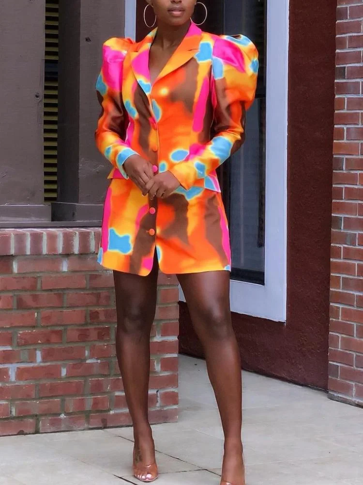 Promsstyle Chic Long Sleeve Puff Sleeve Tie-dyed Printed Double-breasted Shift Dress Prom Dress 2023