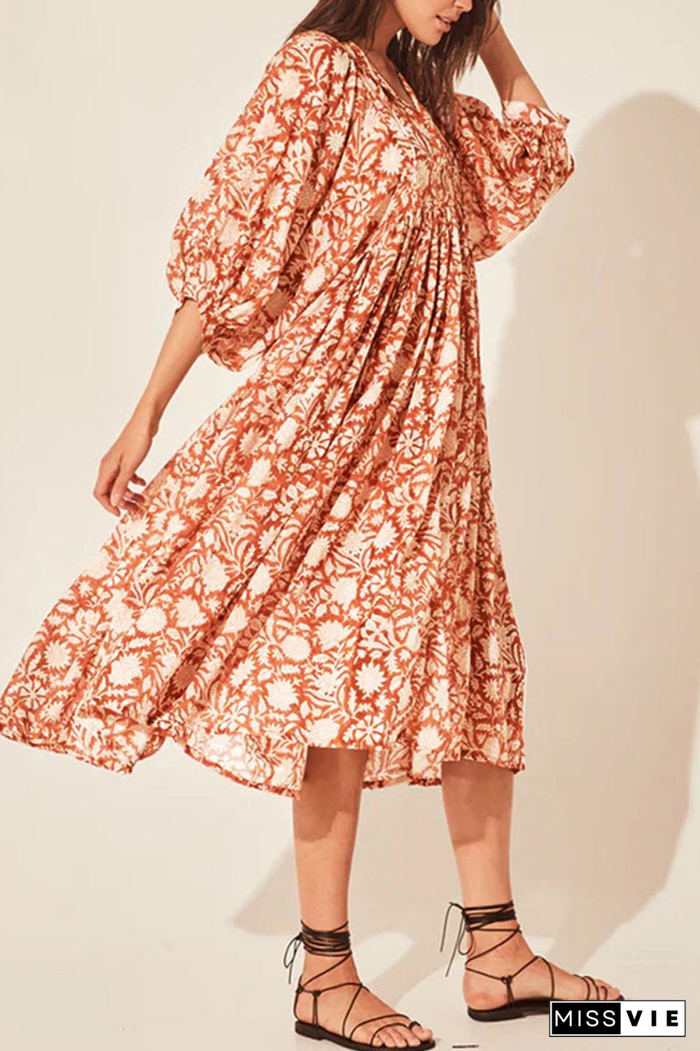 College Vacation Dress Floral Patchwork Frenulum Asymmetrical Collar Beach Dress