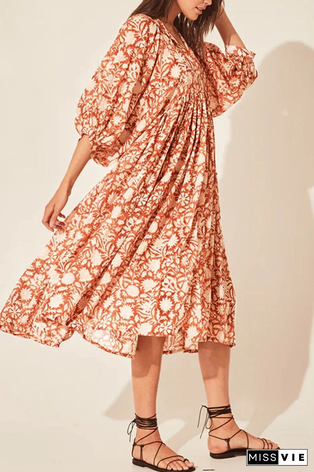 College Vacation Dress Floral Patchwork Frenulum Asymmetrical Collar Beach Dress