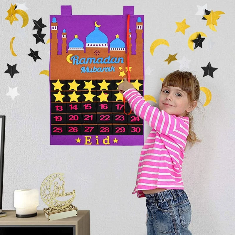 Eid Mubarak Hanging Felt Advent Calendar Ramadan Kareem Decor Countdown Calendar for Kids Gifts Muslim Islamic Party Decorations