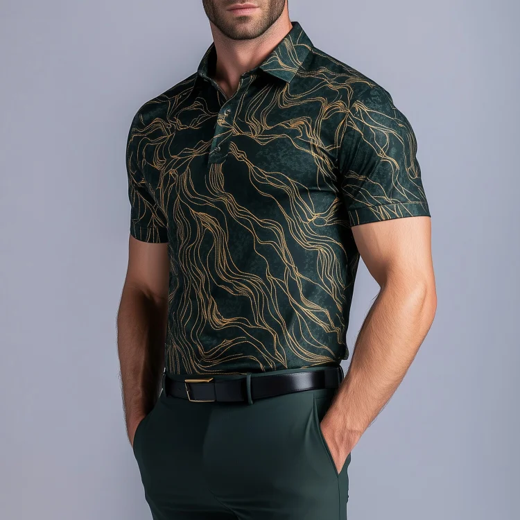 Okaywear Allover Pattern Half Button Short Sleeve Polo Shirt 