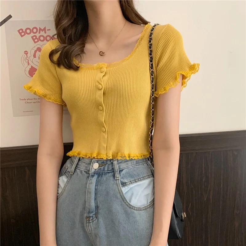 Brownm Women Patched Lace O-Neck Knitted Short Sleeve Thin Sweaters Cardigans Lady Single-breasted Buttons Sweater Crop Tops Female