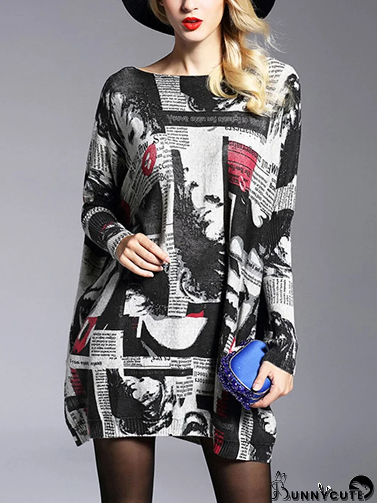 Long Sleeves Loose Letter Print Printed Round-Neck Knitwear Pullovers Sweater Tops