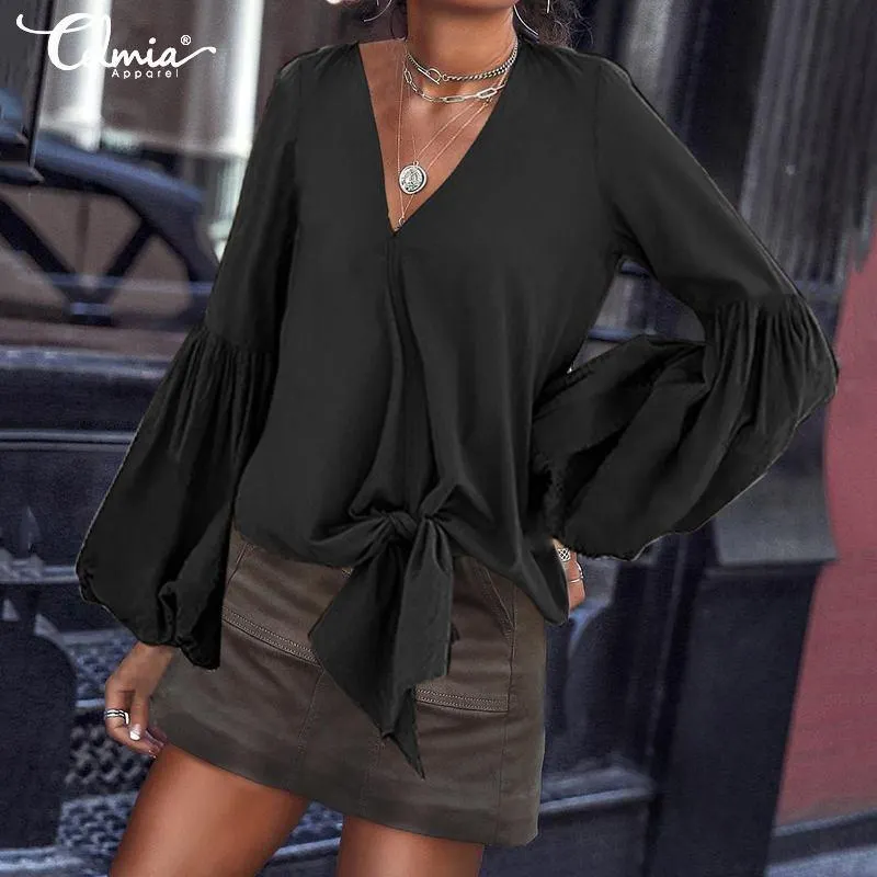 Women Stylish Tops Elegant Office Work Shirts Long Lantern Sleeve Sexy V-Neck Casual Bow