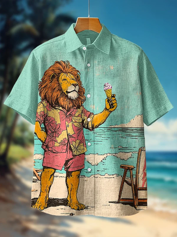 Men's Lion On Vacation Art Print Short Sleeve Shirt