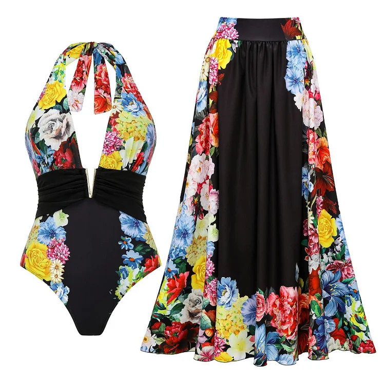 Halter Floral Printed One Piece Swimsuit and Skirt