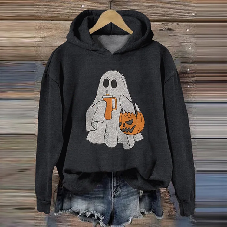 Women's Cool Ghost With Tumbler Embroidery Art Print Casual Hoodie