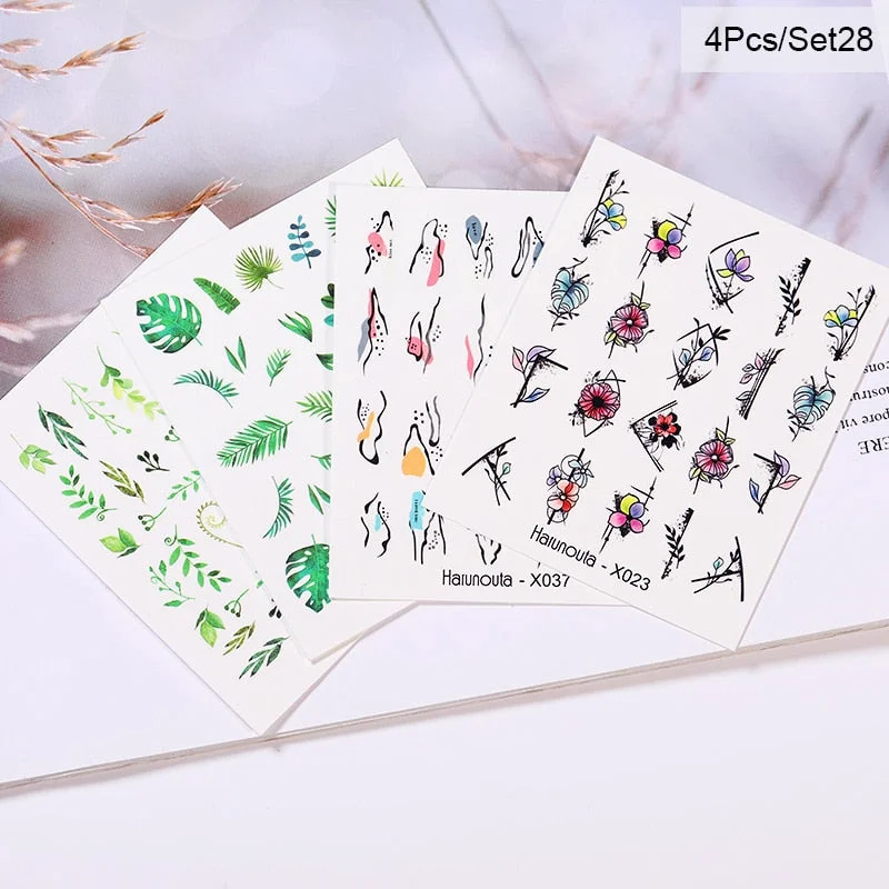 Harunouta Spring Flower Leaf Water Decals Love Heart Geometric Lines Nail Art Stickers DIY Slider Manicures Nail Art Decoration