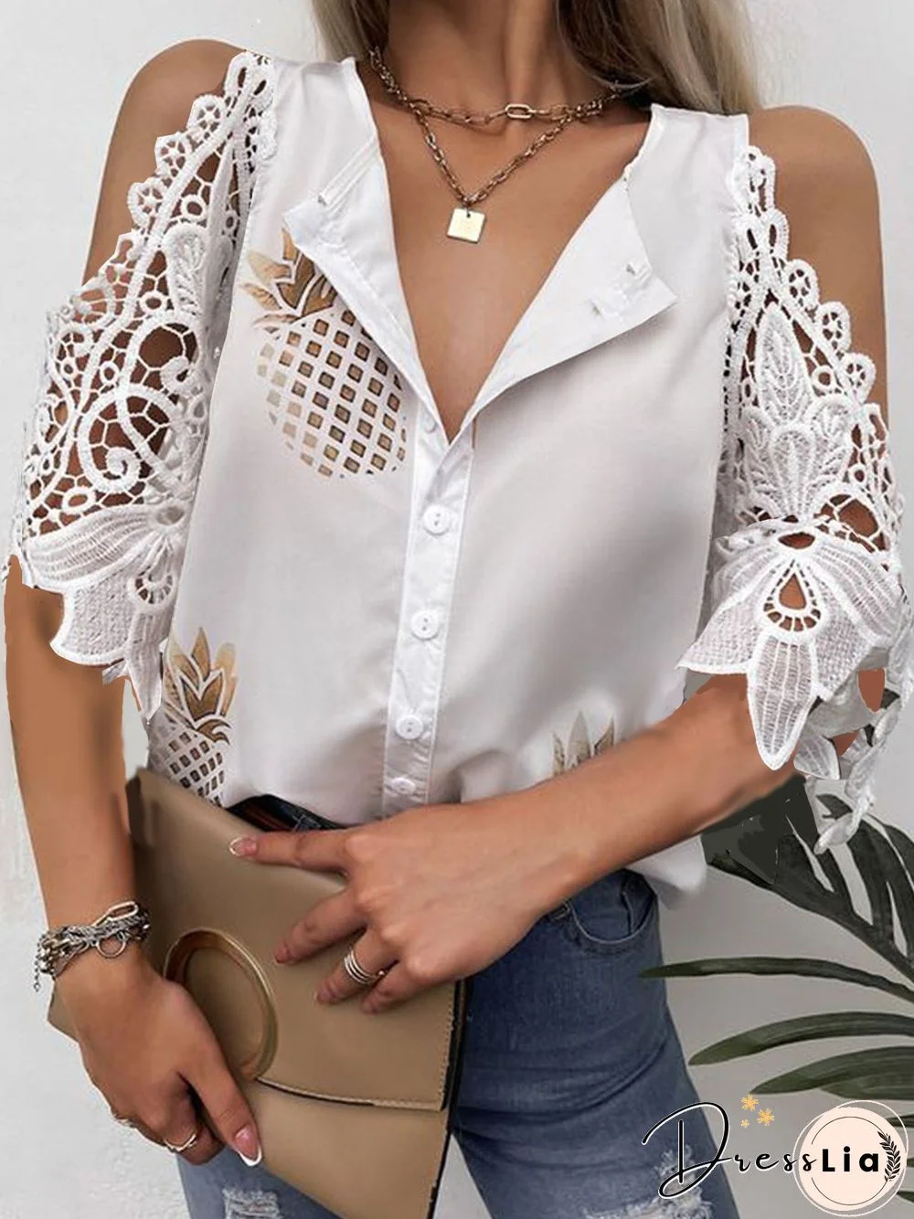Casual Loosen Shirt Collar Mid Sleeve Blouse