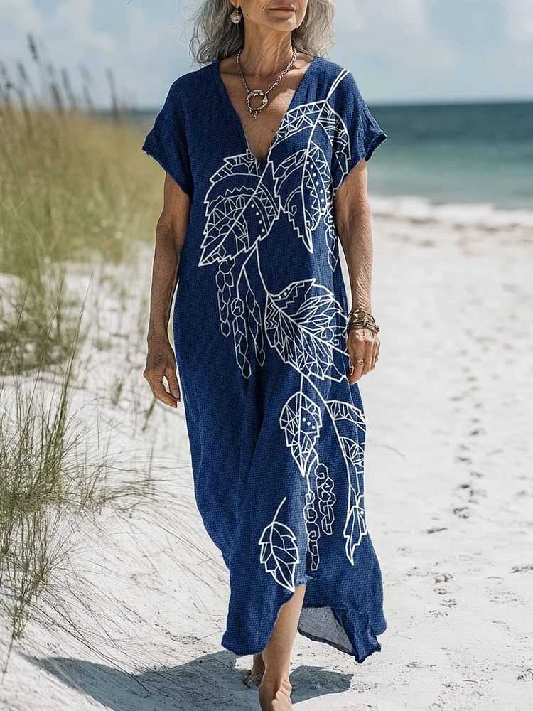 Women's Vintage Plant Leaves Floral Art Print Pocket Cotton Dress